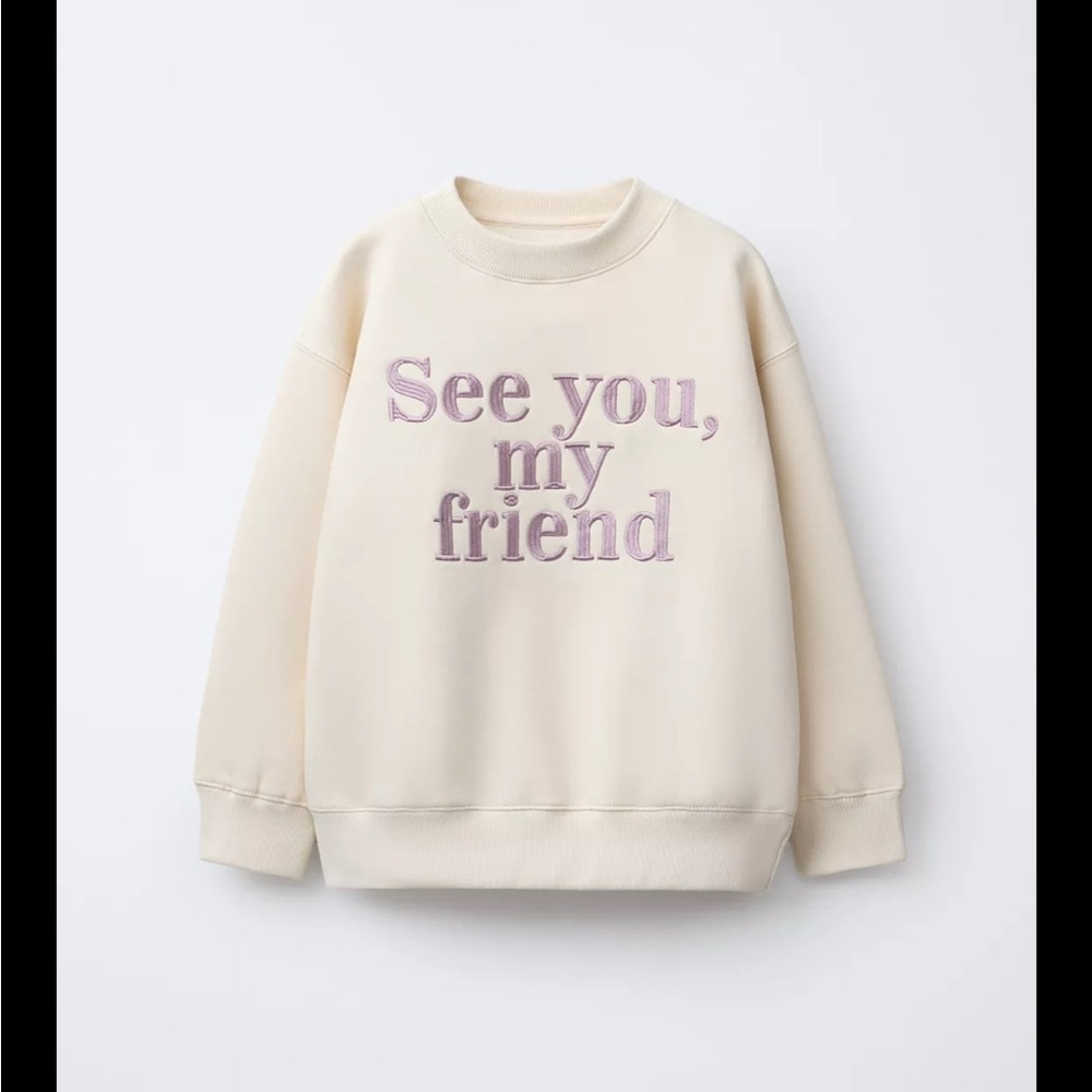 Zara Cream Sweater with Purple Text